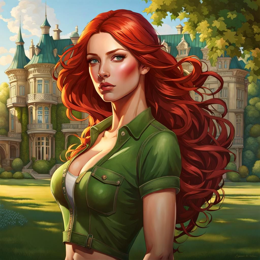 Voluptuous Woman in Front of Manor, Detailed Digital Art