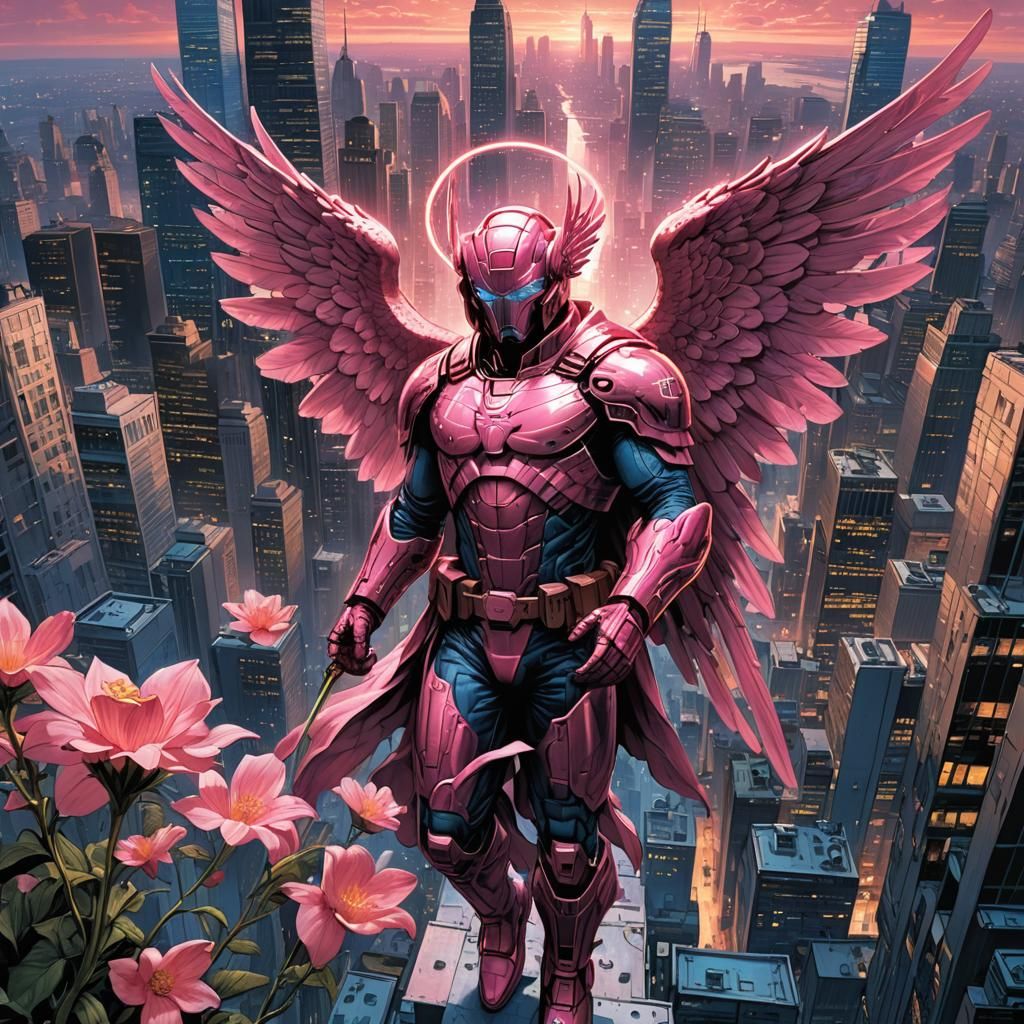 Pink Skyscraper Angel in Comic Book Style