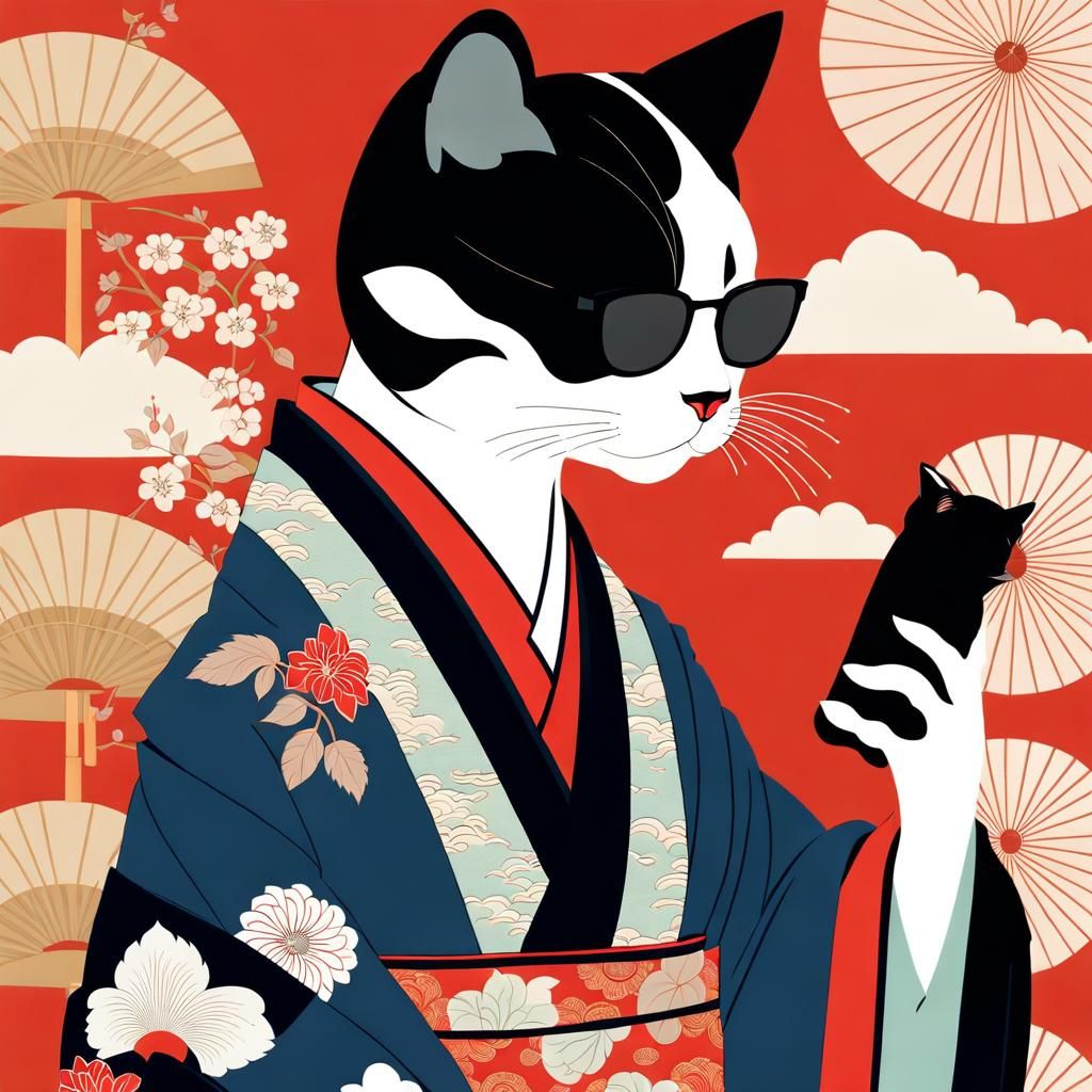 Elegant Japanese Cat in Ukiyo-e Bijin-ga Style