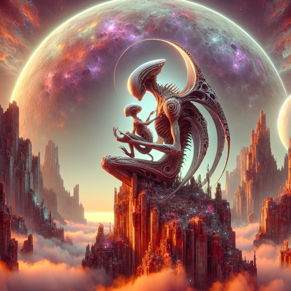 Extraterrestrial Mother and Child at Sunset