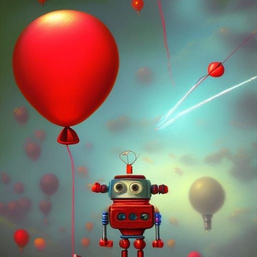 Robot Holding Red Balloon in Astral Illustration