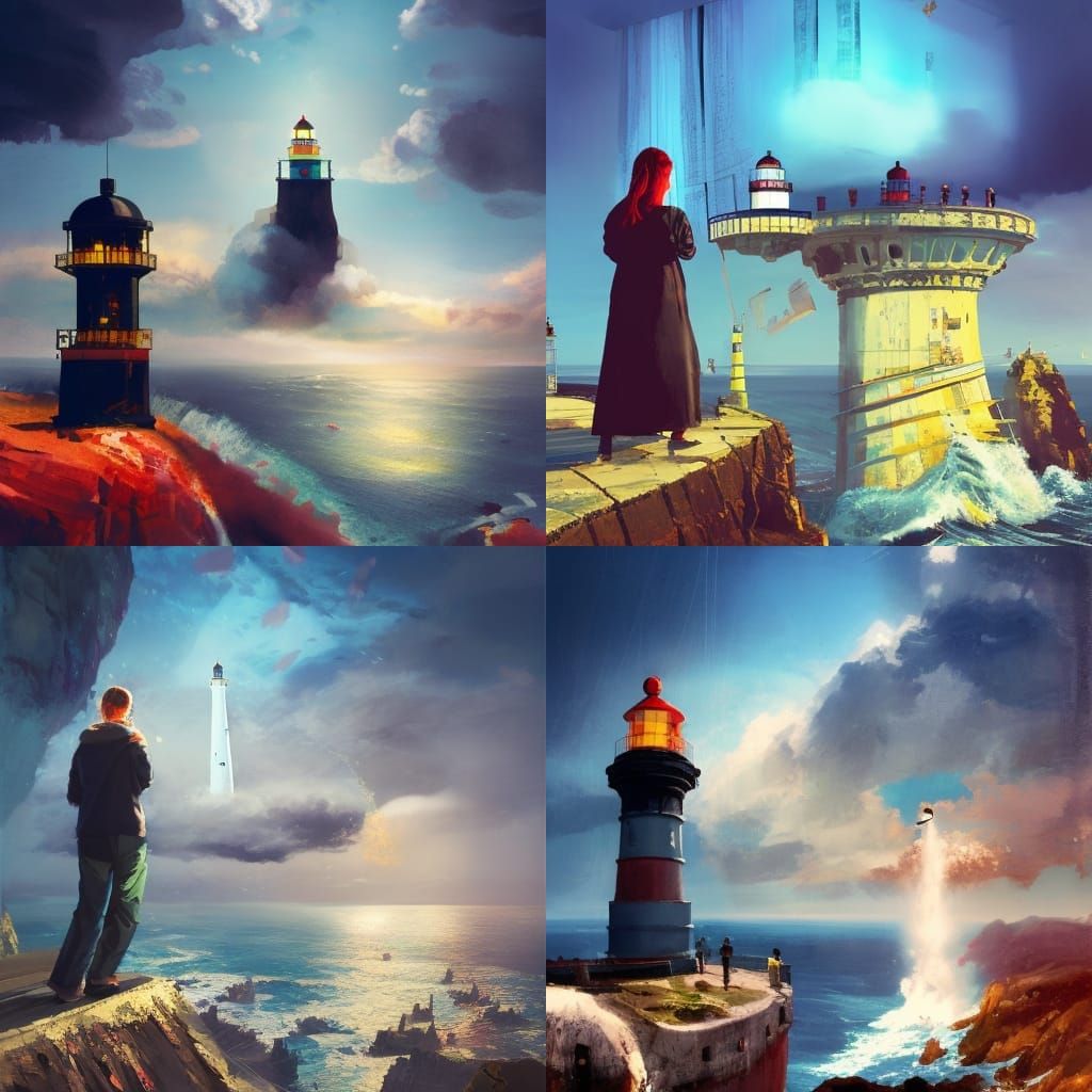 Dramatic Lighthouse Painting on Stormy Cliff