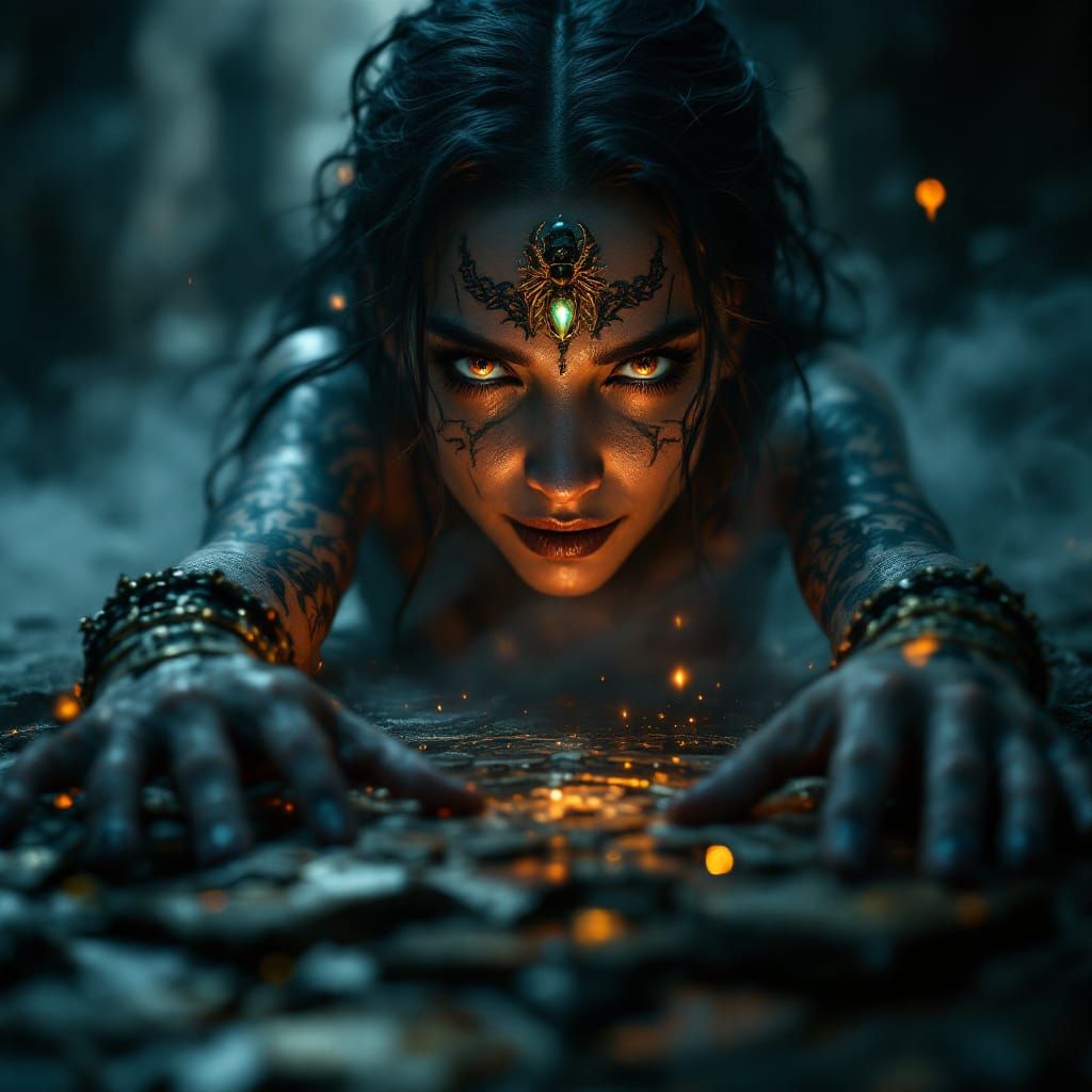 Cursed Enchantress Emerges From Screen in Dark Fantasy