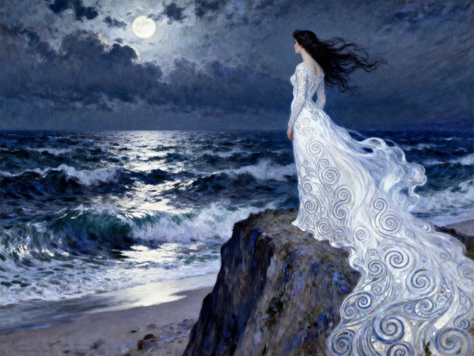 Dreamy Woman in Flowing Dress on Windswept Cliff