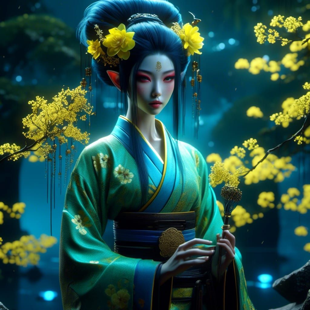 Blue-Skinned Geisha Elfling in Bioluminescent Garden
