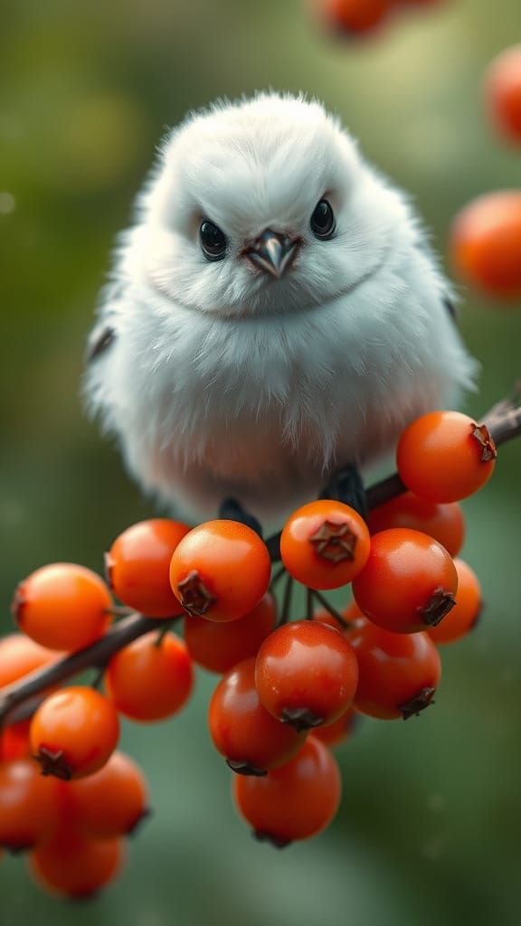Dreamy White Bird on Glowing Orange Berries in a Mystical Fo...
