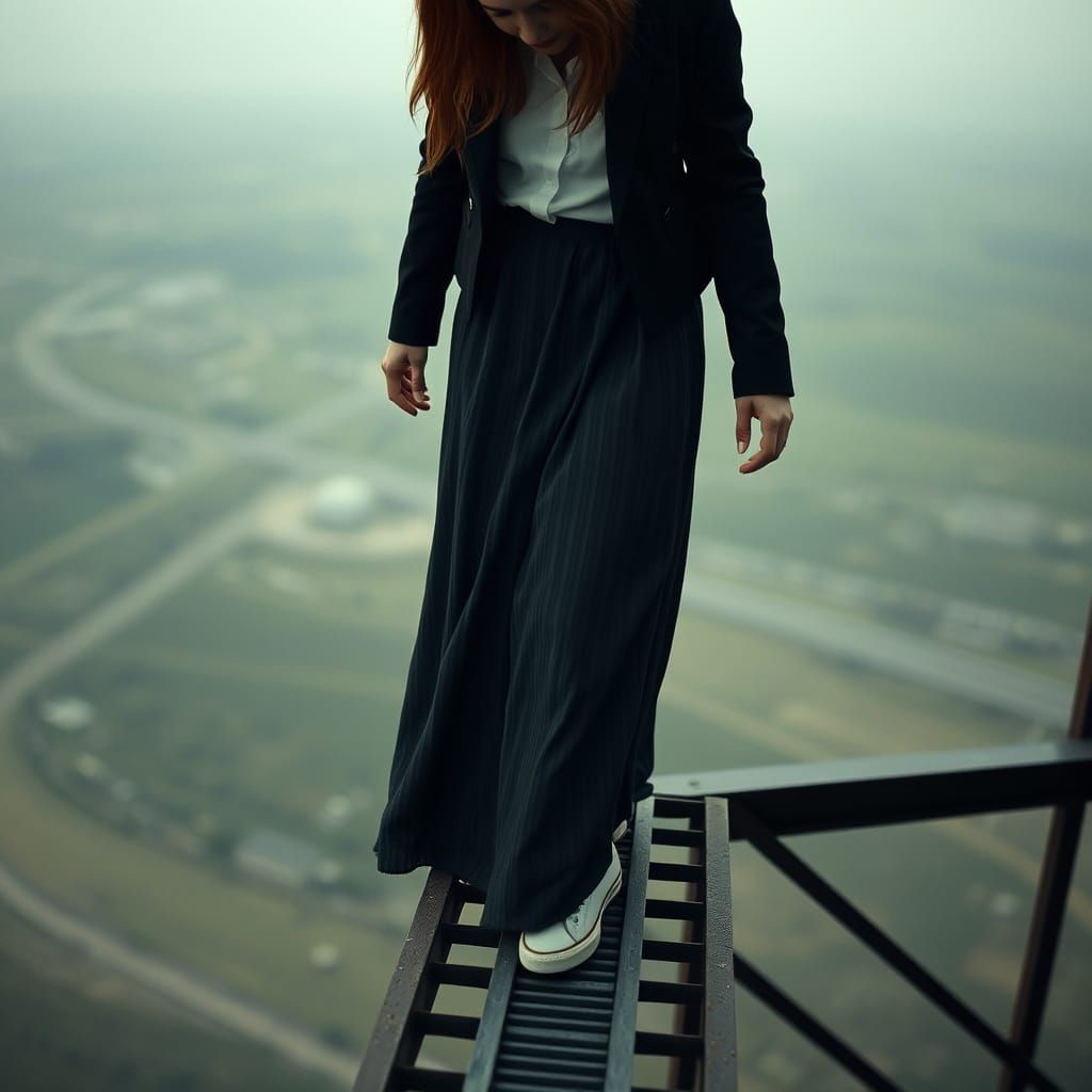 Woman on a Beam in Cinematic Style