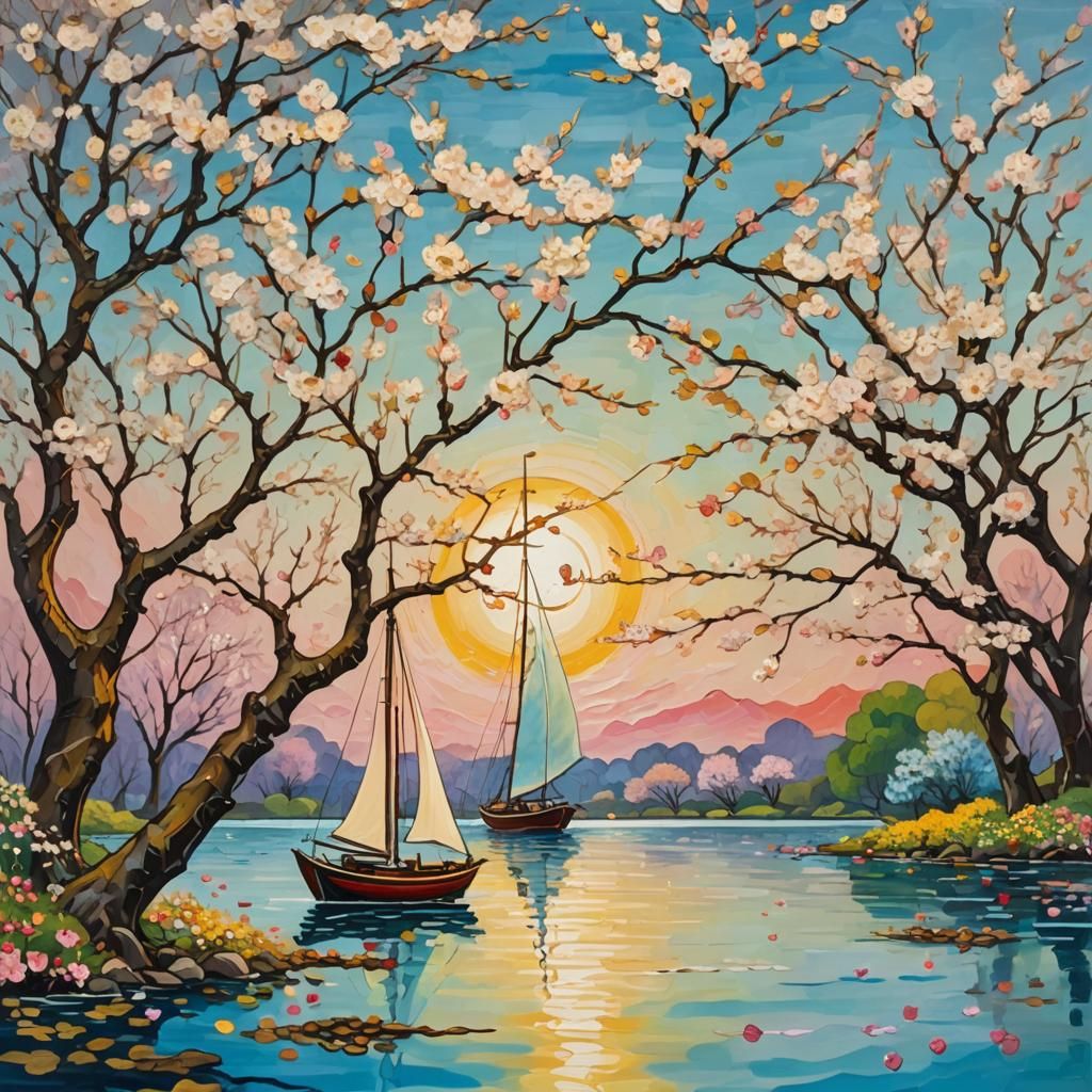Sailboat Among Cherry Trees: Abstract Expressionist Painting