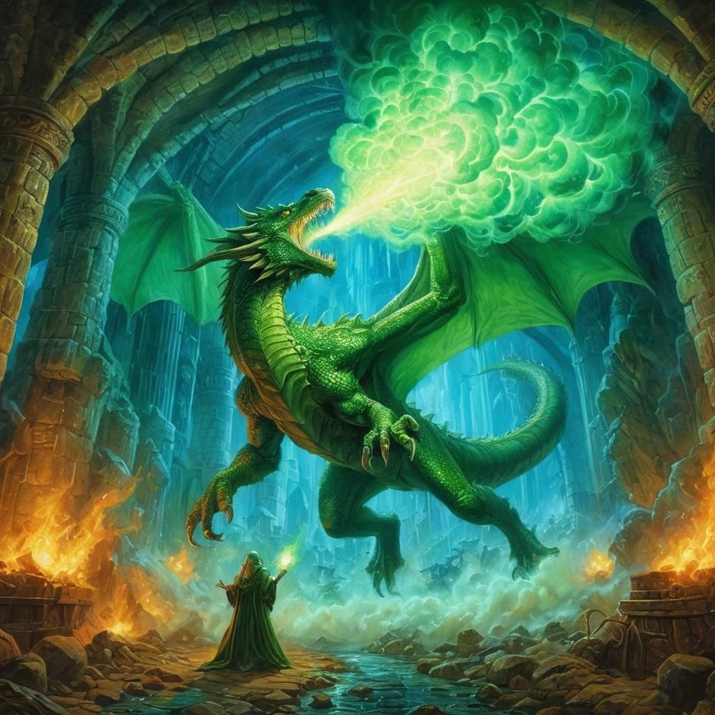 Green Dragon Unleashes Poison Gas: Fantasy Art