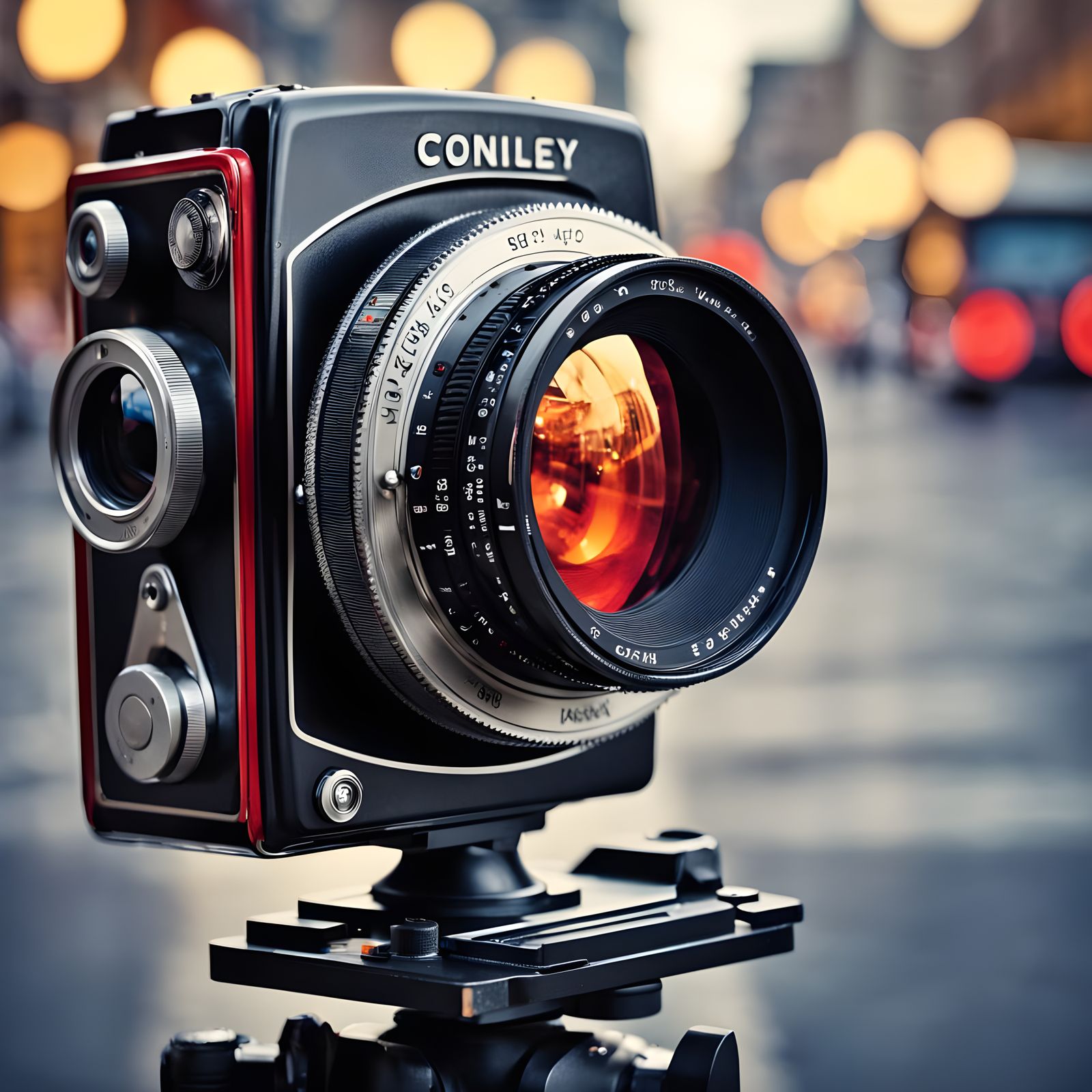 Vintage Camera Lens Reflecting Bustling City Street