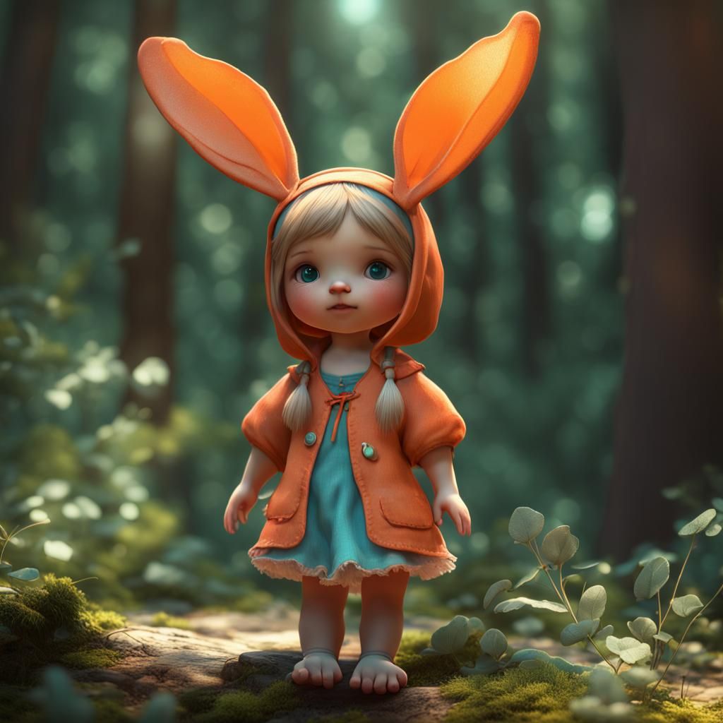 Detailed Long Ear Doll in Summer Forest