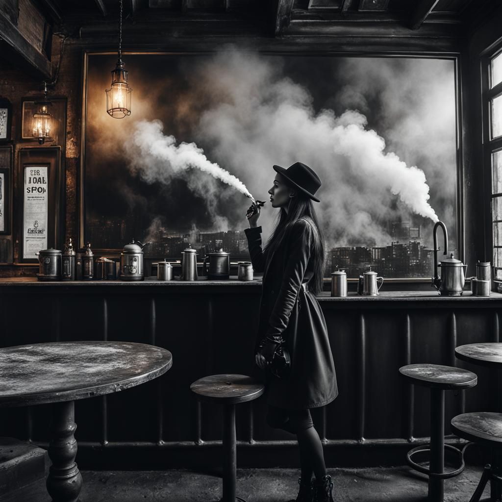 Gothic Model in Coffee Shop: Black and White Photography