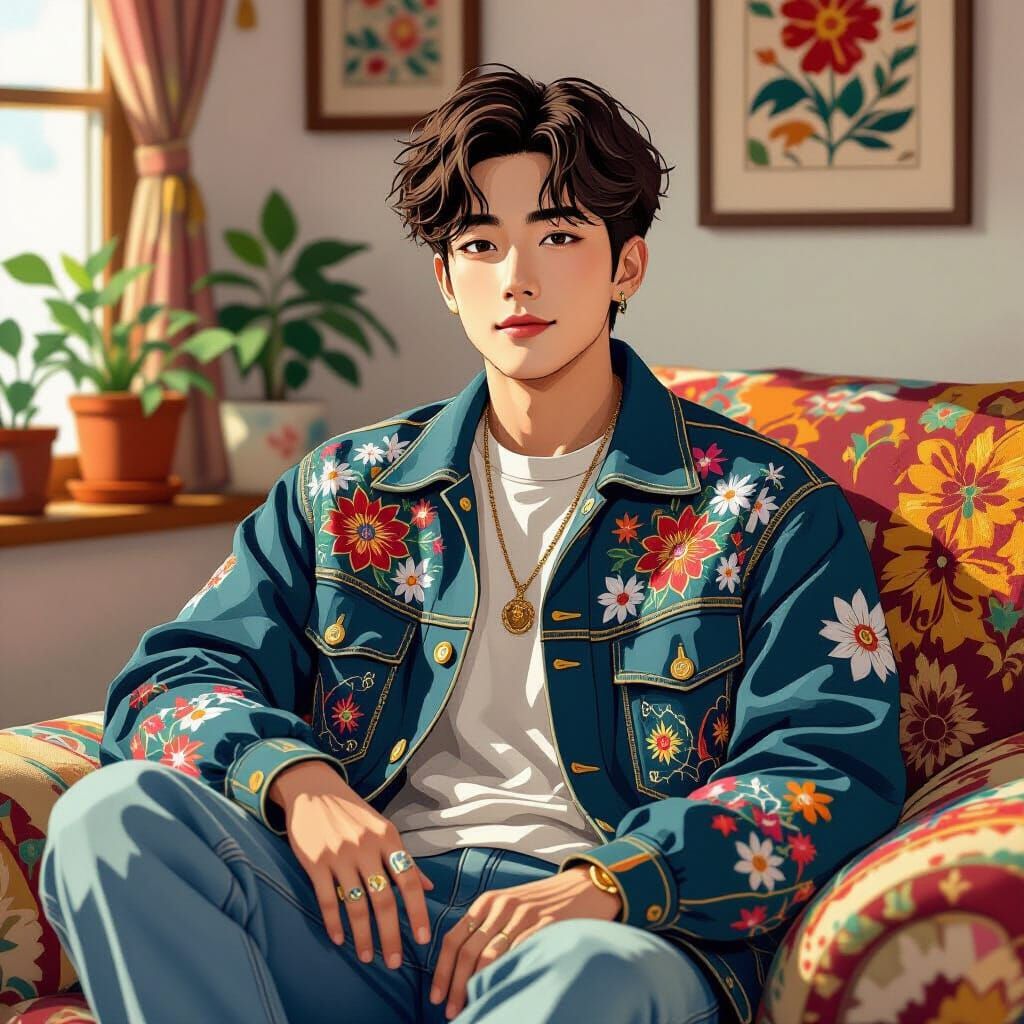 Cozy Lofi Male Figure in Embroidered Folk Art Style