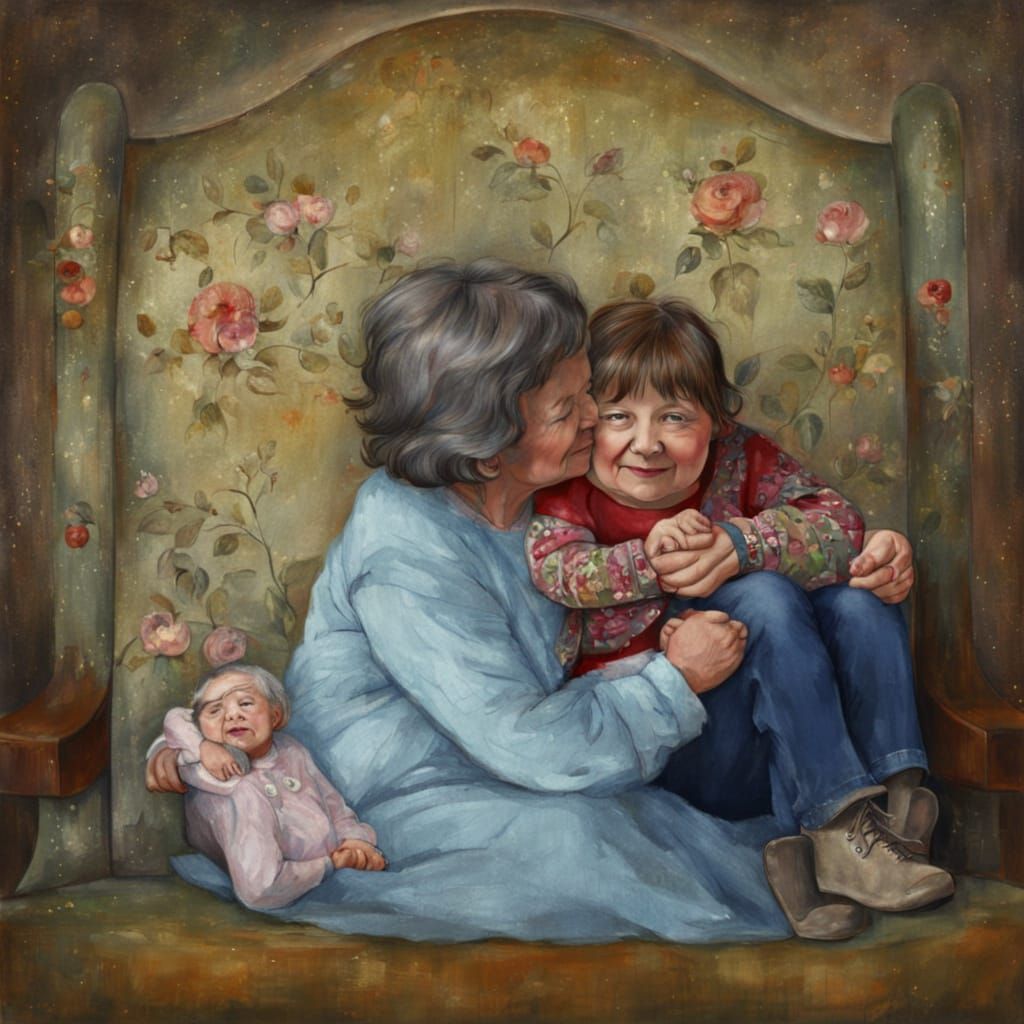 with her daughter on her knee