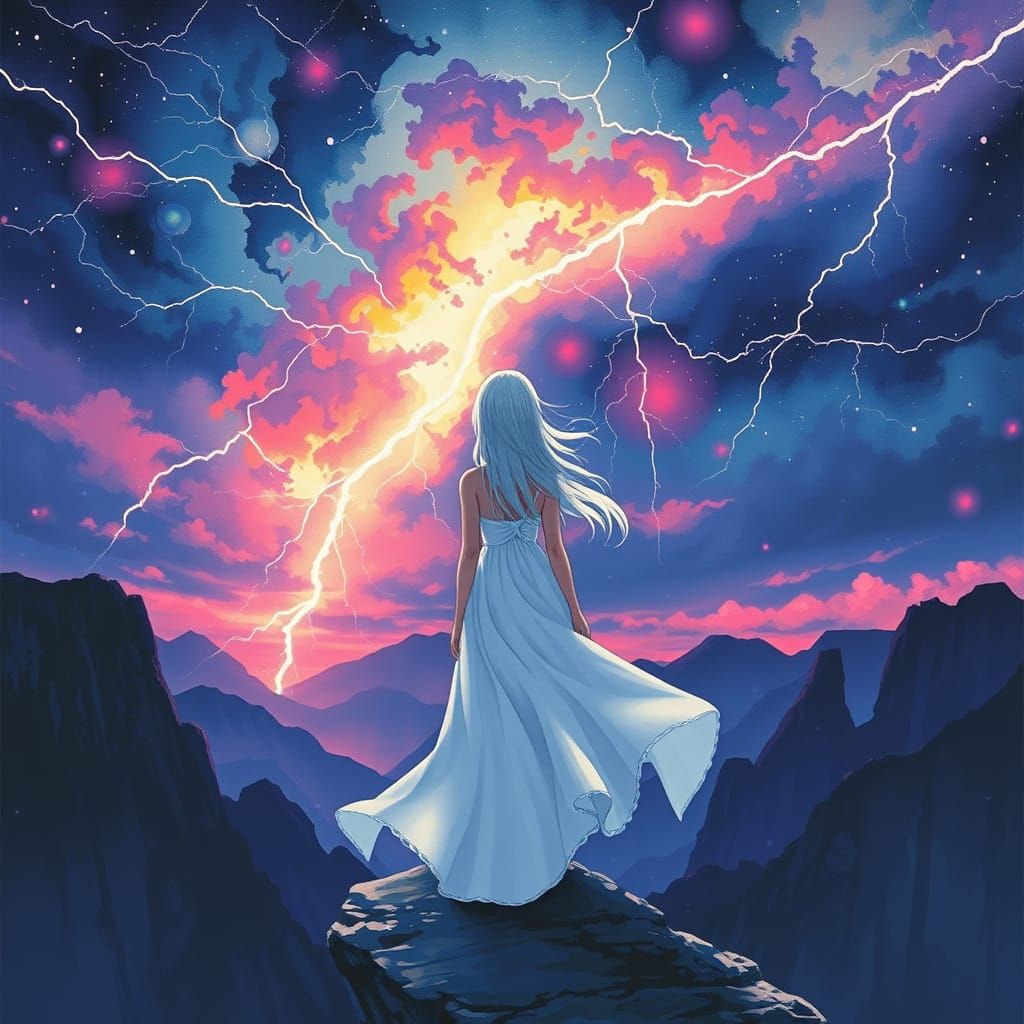 Anime Lady on Cliff Under Lightning Sky, Fantasy Watercolor ...
