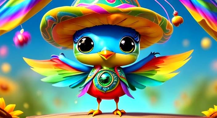 Whimsical Bird Balances Sombrero in Fiesta Colors