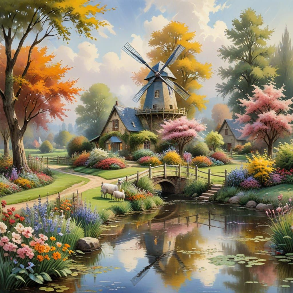 Watercolor Windmill Painting in Rural Autumn Landscape