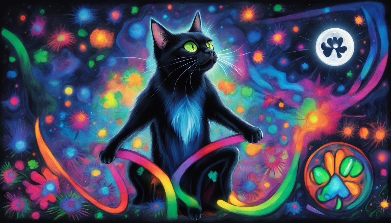 Humorous Graffiti Cat Under Full Moon with Clover