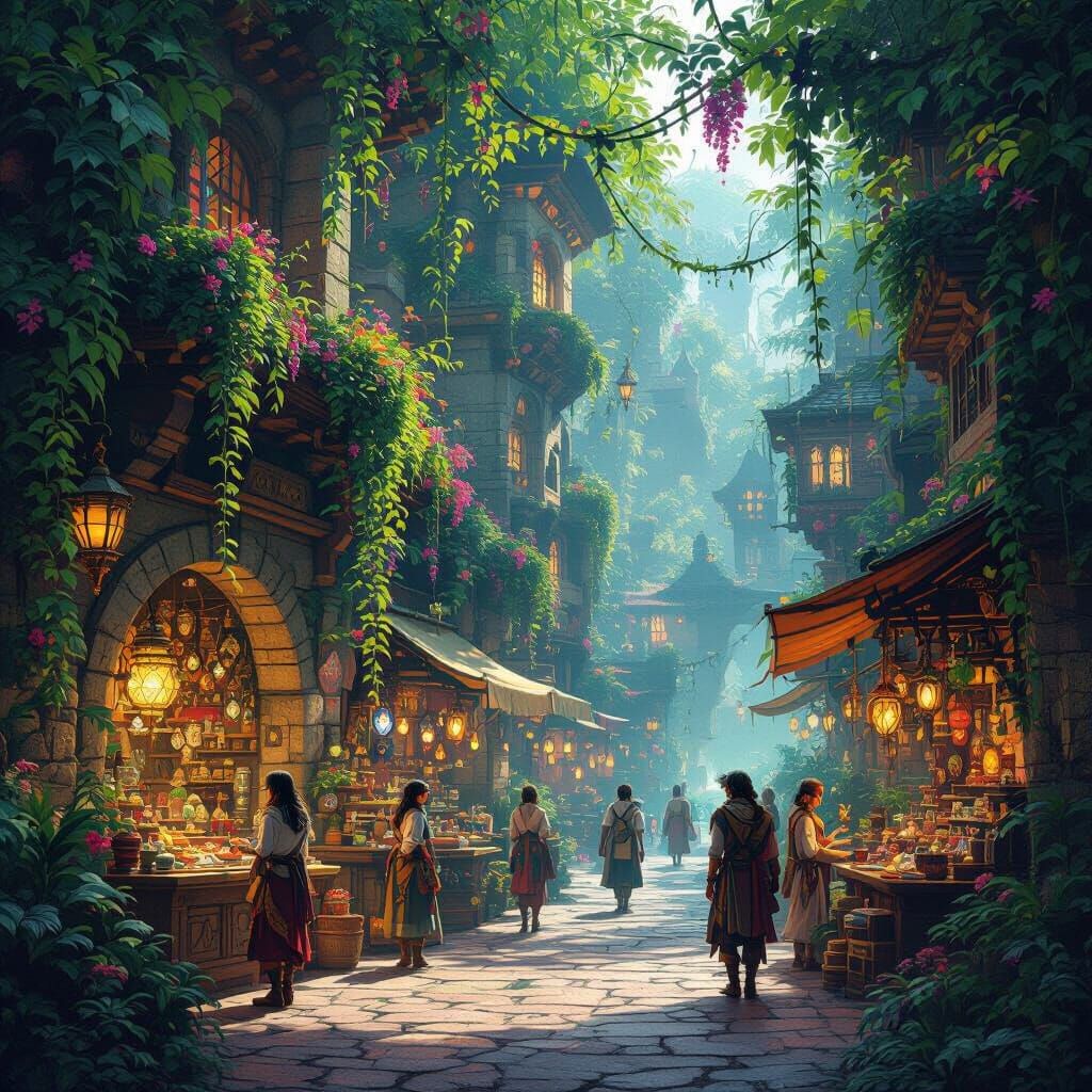 Jungle City Marketplace with Bioluminescent Flora