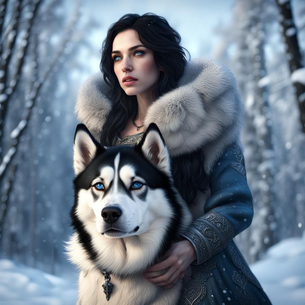 Woman and Husky in Snowy Fantasy Landscape
