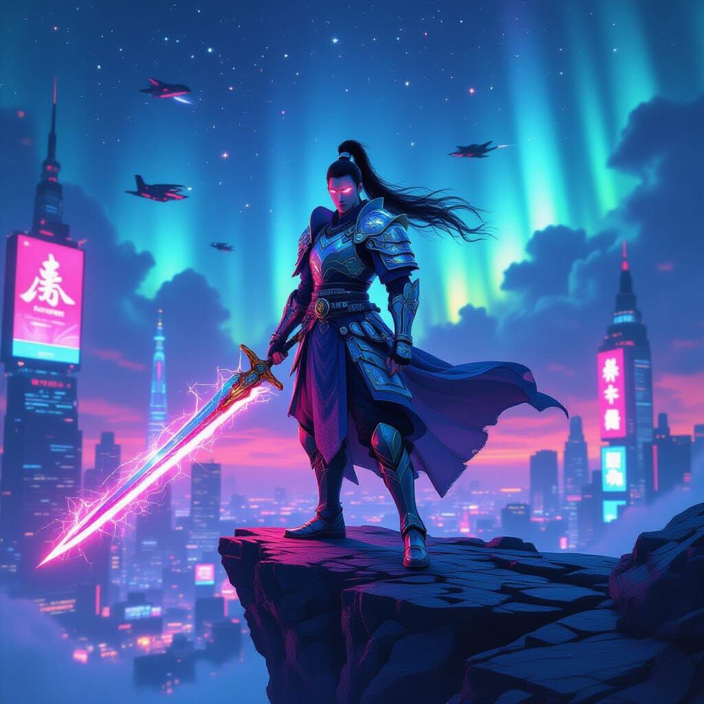 Cyberpunk Warrior Above Neon City in Anime Style
