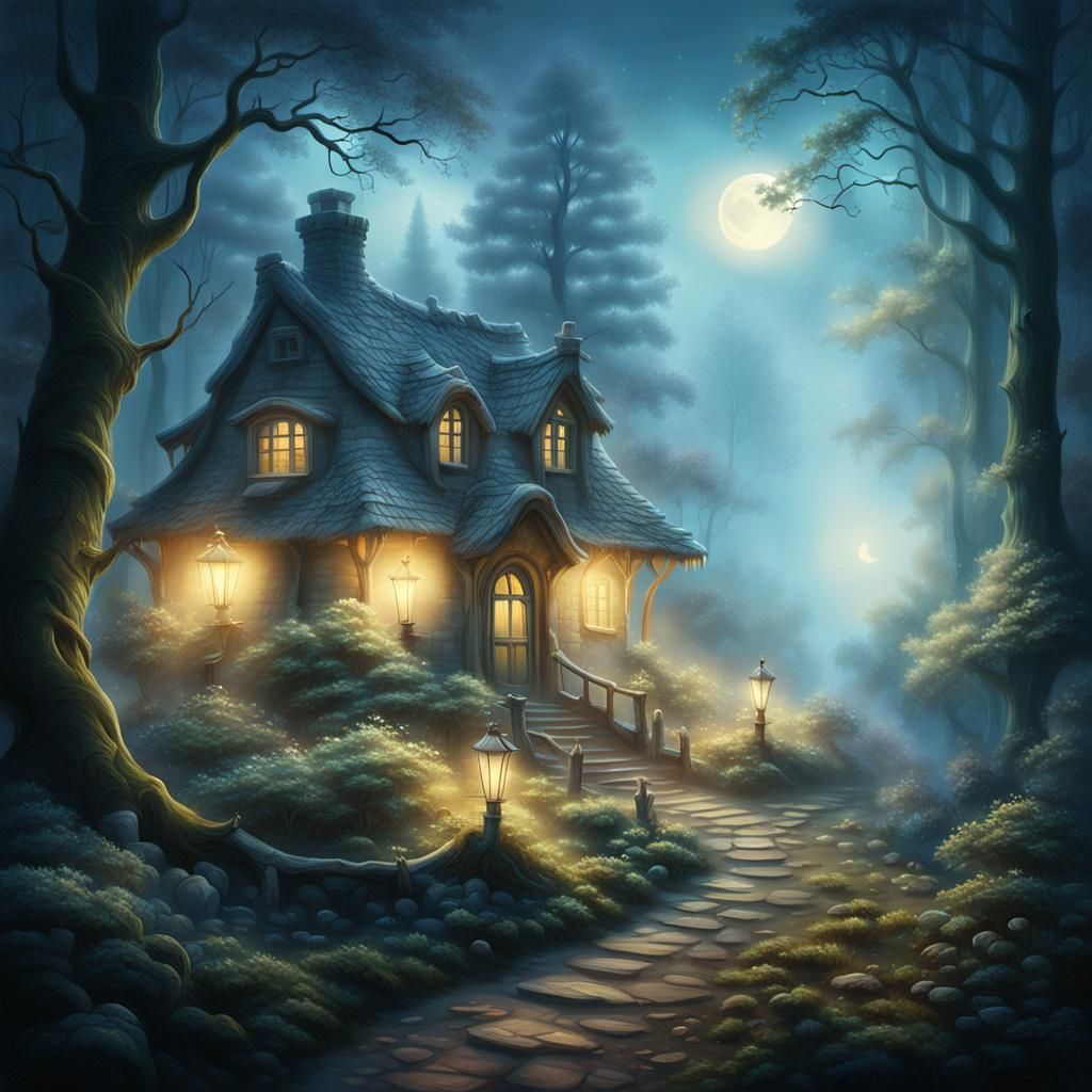 Ethereal Dark Forest Landscape with Cottage