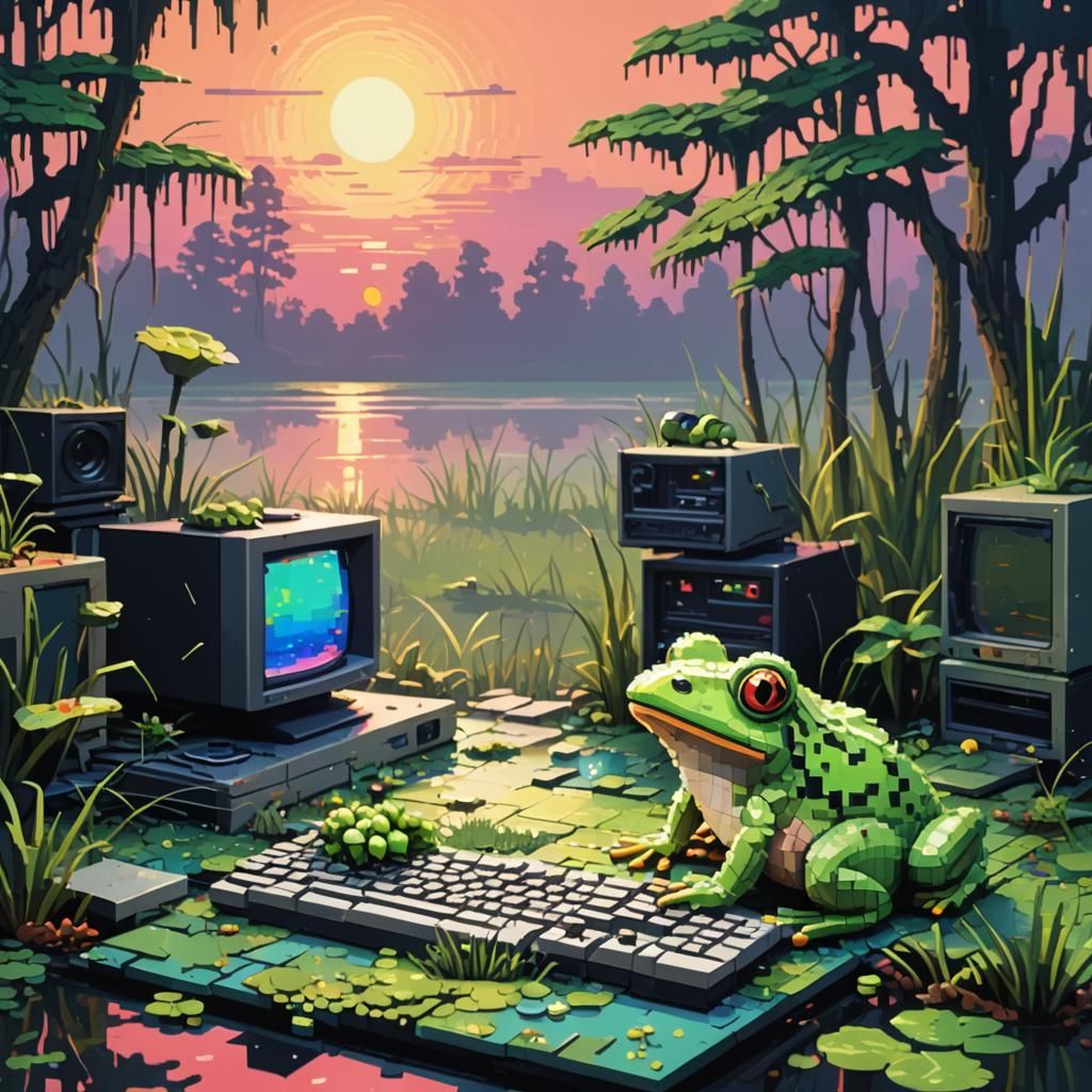 Pixelated Frog Portrait in 80s Pixel Swamp