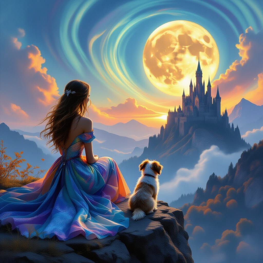 Woman and Dog on Cliff Overlooking Gothic Castle at Sunset