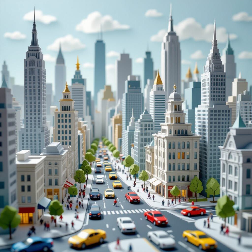 Paper Cityscape Diorama with Pop-Up Buildings and Paper Peop...