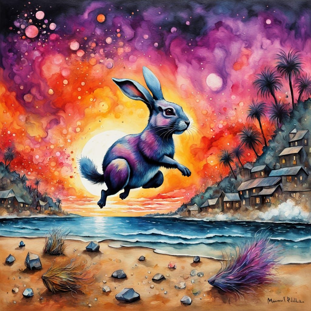 Gaul Village: Rabbit and Squirrel Beach Fun, Acrylic Art
