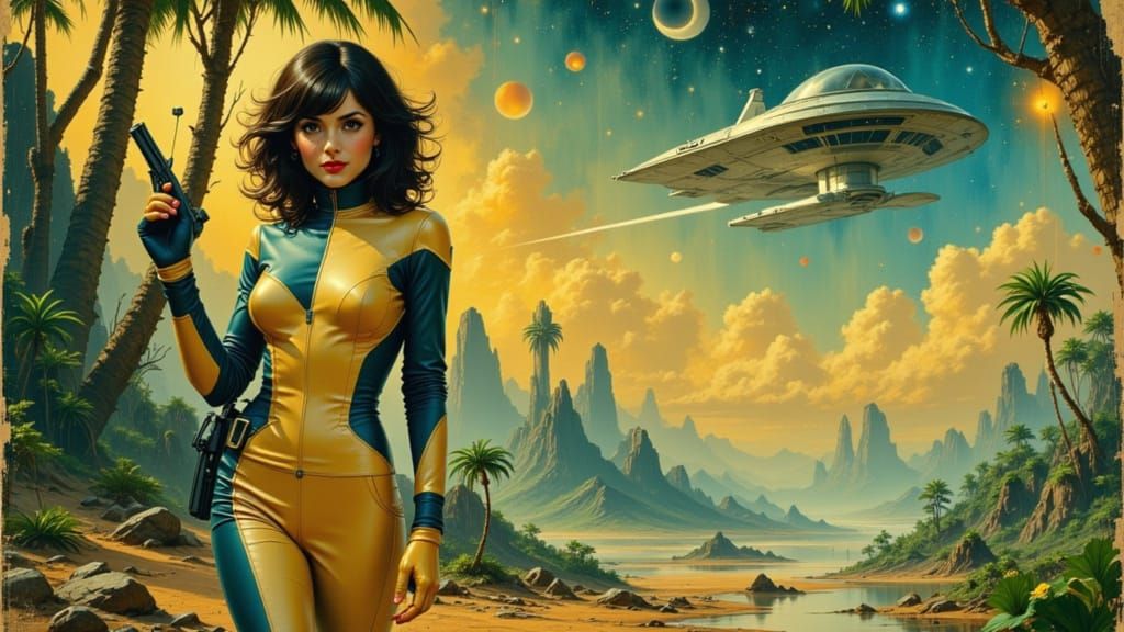 Retro Space Woman Exploring Jungle Planet
