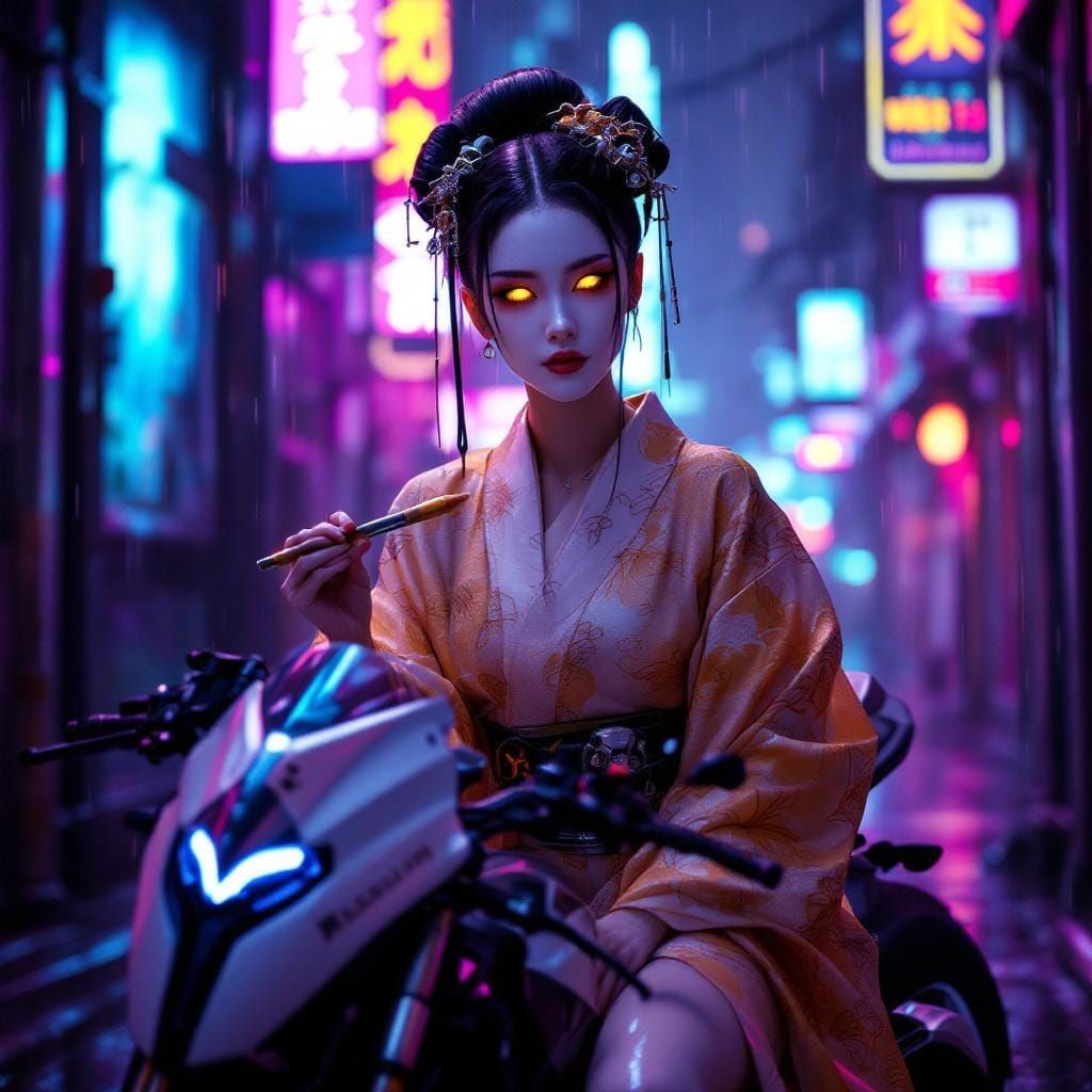 Cyber Geisha on Motorcycle in Cyberpunk Alley