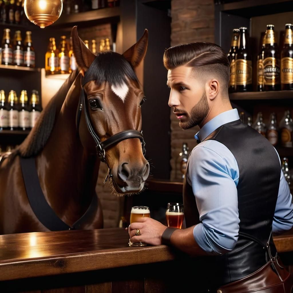 Hyperrealistic Bartender Serves Beer to a Horse