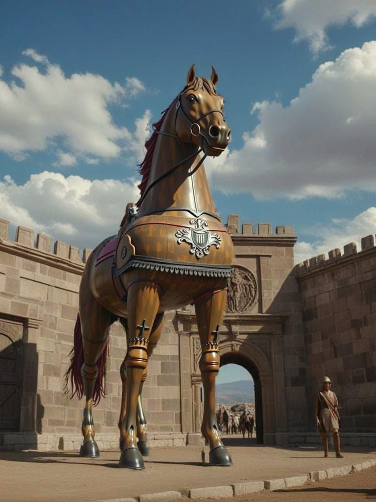Majestic Wooden Horse Statue Outside Troy Gate