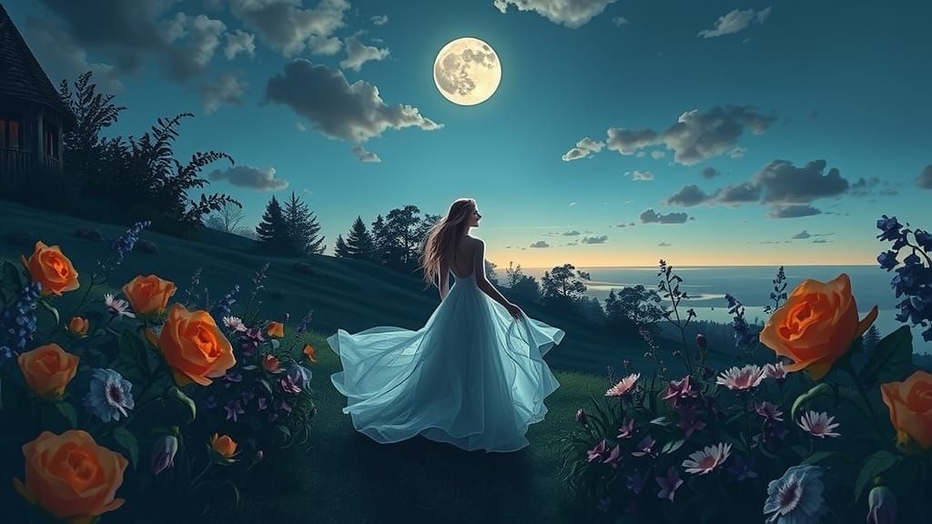 Moonlit Woman in Ethereal Twilight Garden