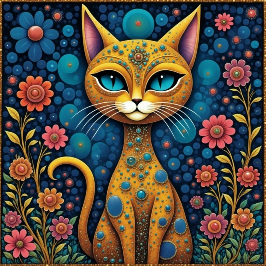 Whimsical Folk Art Cat with Crystal Eyes in a Vibrant Storyb...