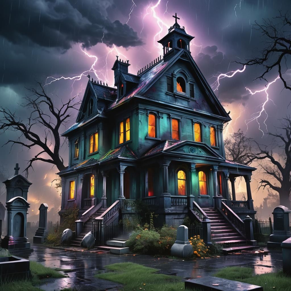 Haunted House in Cemetery Lightning Storm: Hyperrealistic Ar...