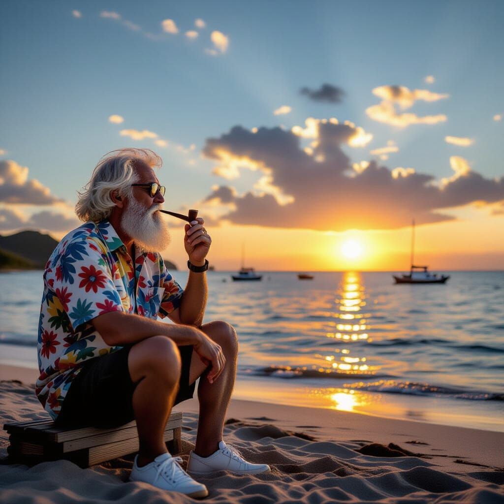 Old Man Smoking Pipe at Sunset, Photorealistic Style