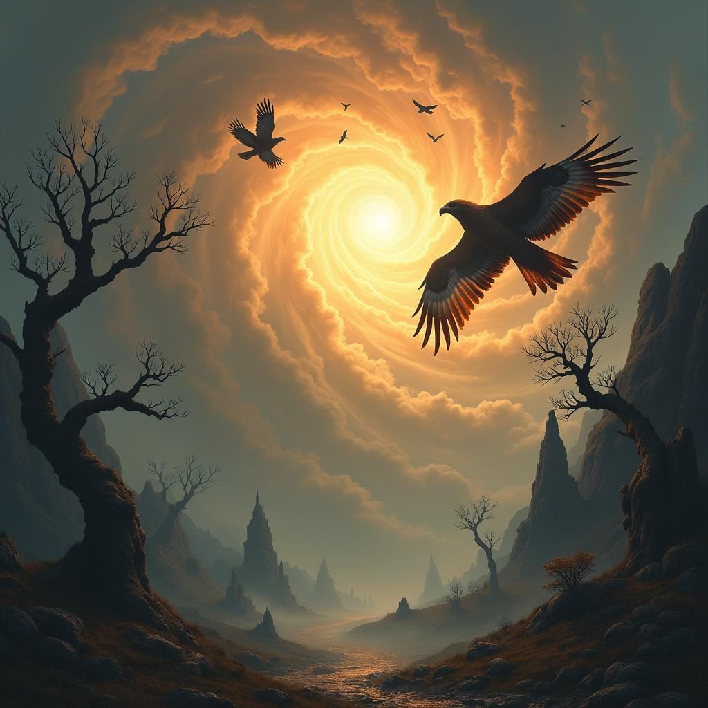 Hawks Soaring Through Mystical Autumn Landscape