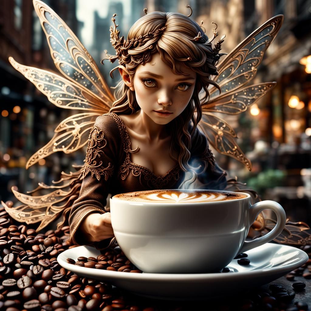 Detailed Coffee Fairy in Hyperrealistic Style