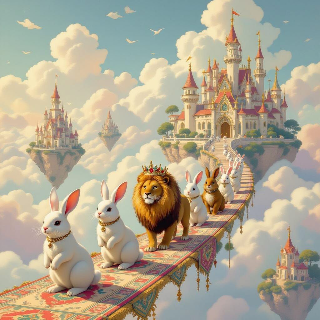 Bunny Procession Led by Lion on Floating Rugs