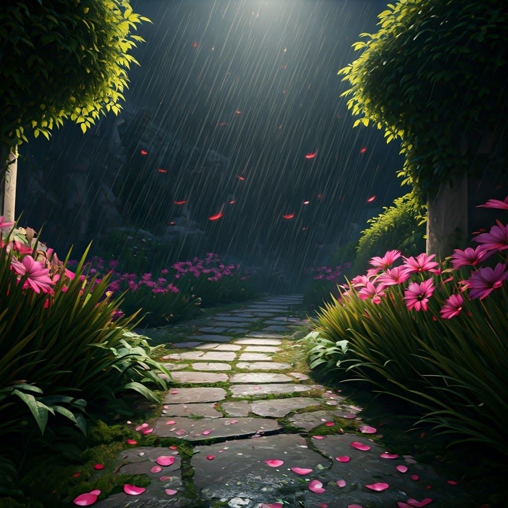 Whimsical Garden in a Gentle Rain