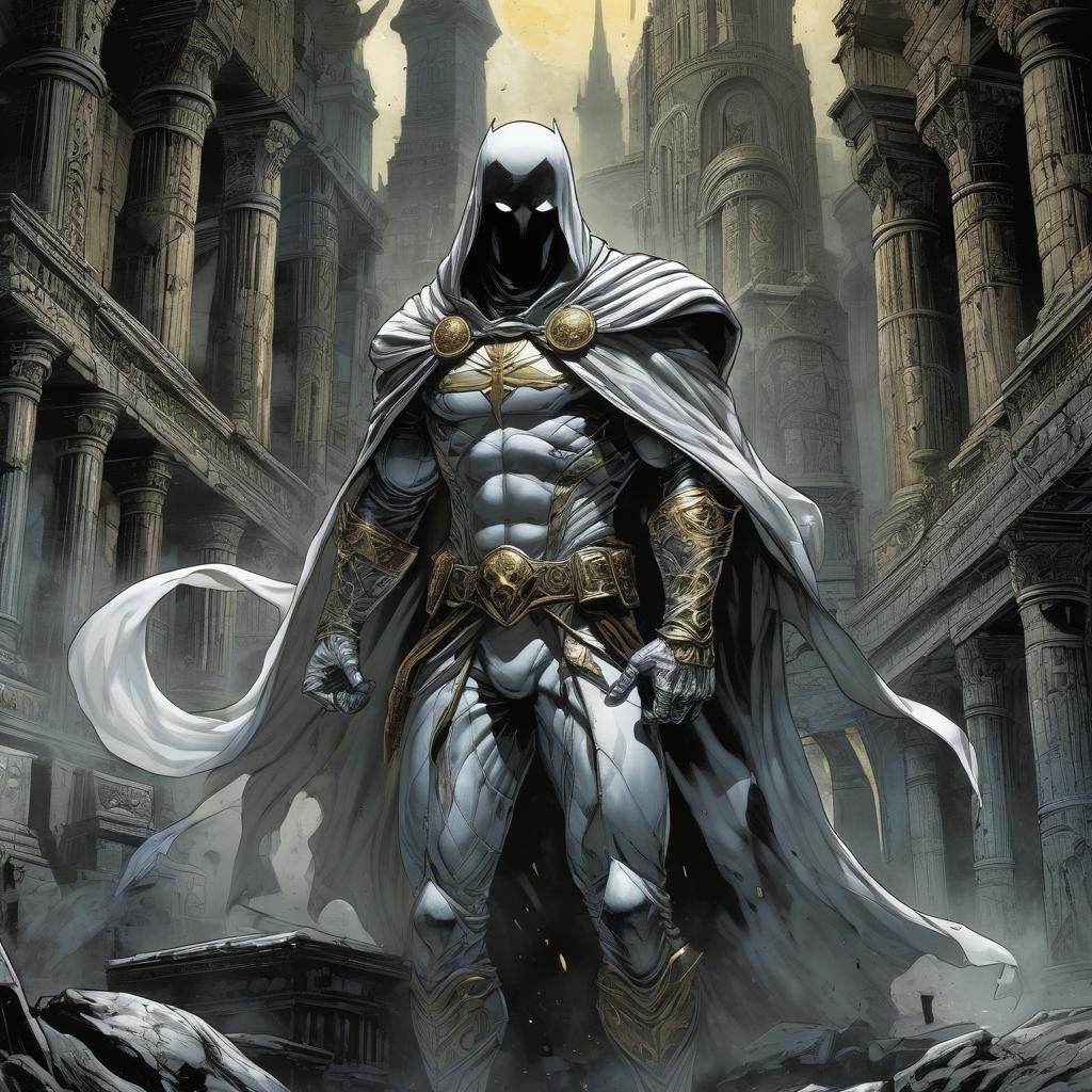 Moon Knight in Mystical Temple: Comic Book Art