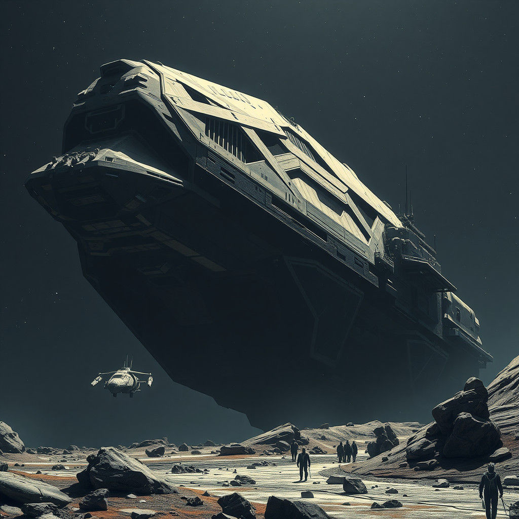 Sci-Fi Spaceship on Asteroid in Chris Foss Style