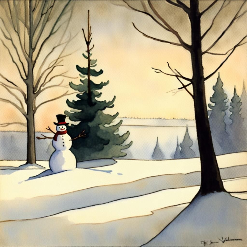 Winter Wonderland Snowman Landscape in Soft Watercolor