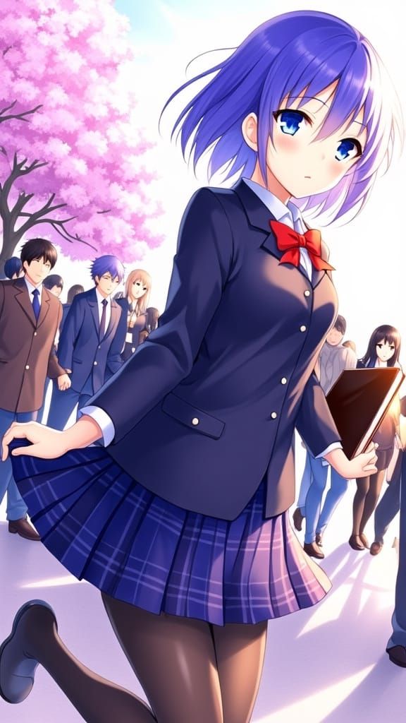 Anime Schoolgirl in Cherry Blossom Scene