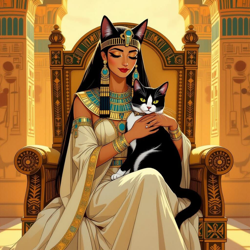 Bastet Goddess Holds Tuxedo Cat in Egyptian Art Deco Style