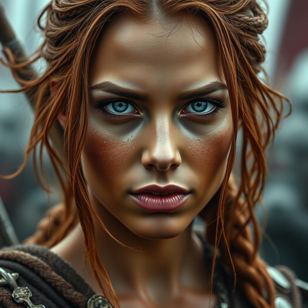 Beautiful Shieldmaiden with Blue-Green Eyes on Battlefield