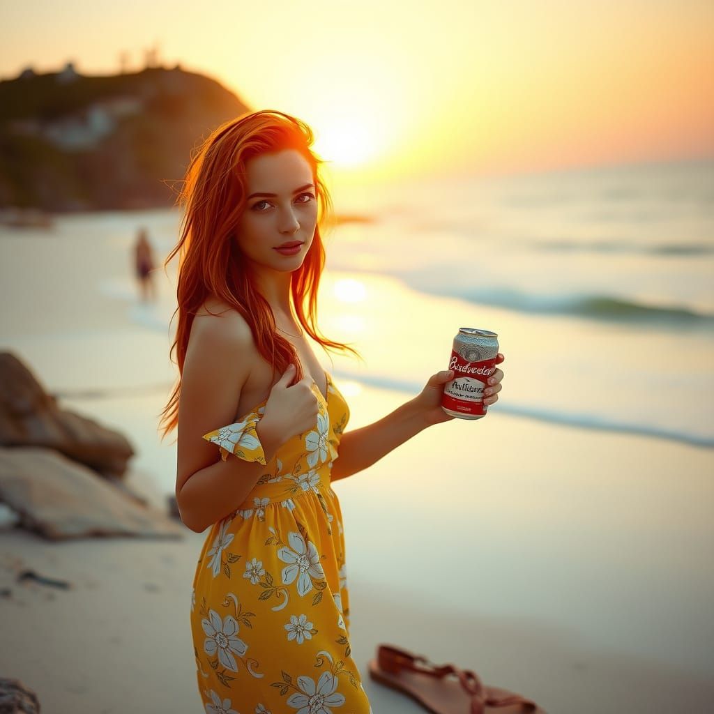 Serenely Glowing Woman in Yellow Sundress Strolls Beach at S...