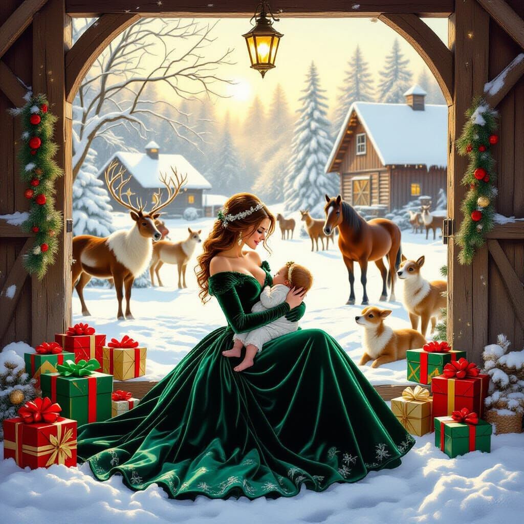 Woman in Emerald Gown Overlooking Festive Christmas Barn Sce...